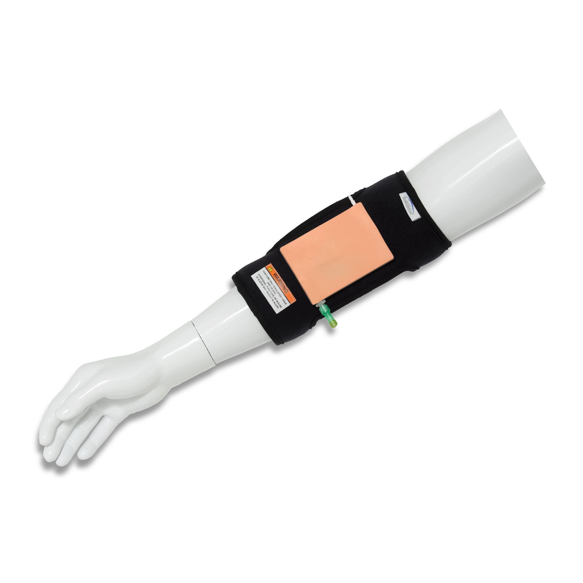 Wearable simulated IV and blood draw trainer with puncture resistant material to make it safe for all participants sold by SurgiReal. Great for phlebotomy training!