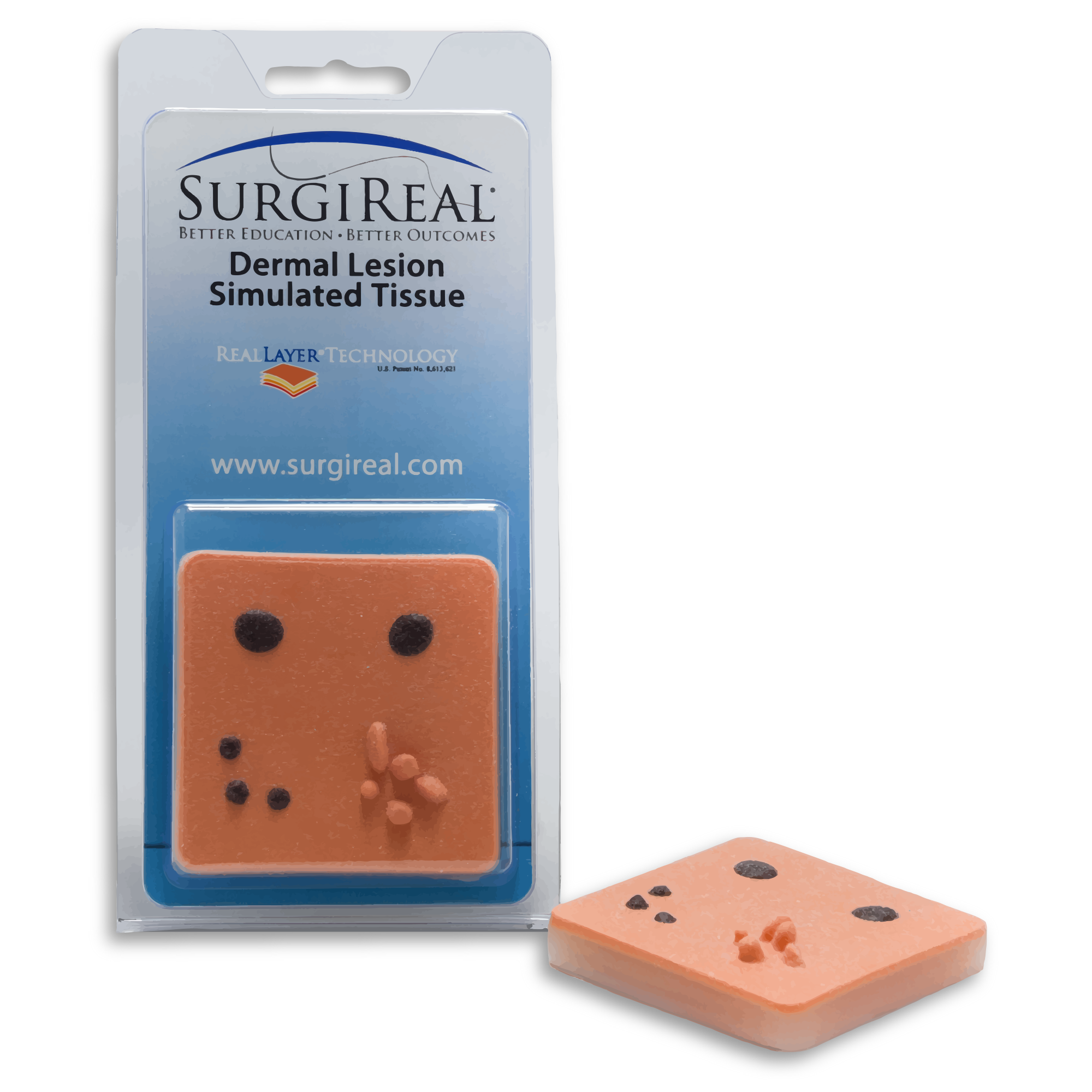 Dermal Lesion Simulated Tissue Pad from SurgiReal includes a number of mole and skin tags for students to practice removing and suturing the skin after removal